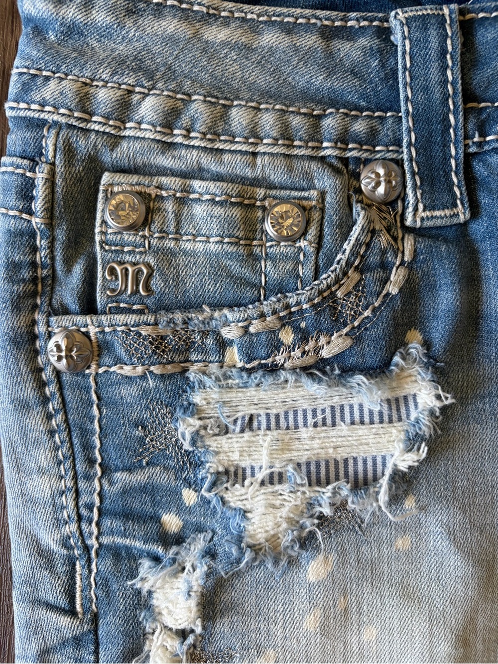 Miss Me Light Wash Distressed Denim Shorts with Rhinestone Trim - Picture 3 of 9